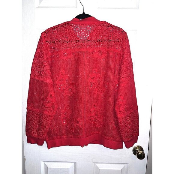 NWOT CHICO'S Red Lace Semi Sheer Full Zip Jacket Sz 2 / Large - Picture 13 of 16